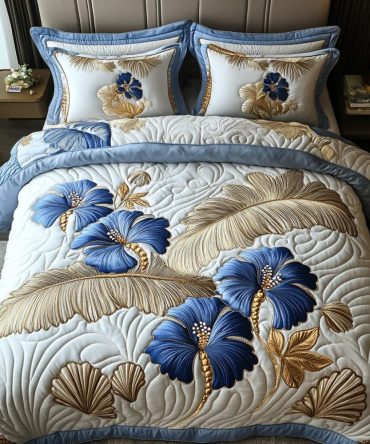 Silver Hibiscus 3-Piece Quilted Bedding Set