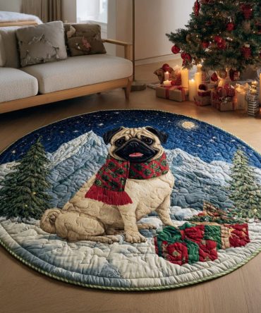 Snowy Pug Scarf Quilted Round Mat