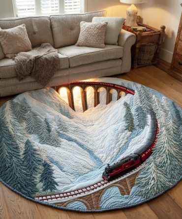 Snowy Train Trail Quilted Round Mat