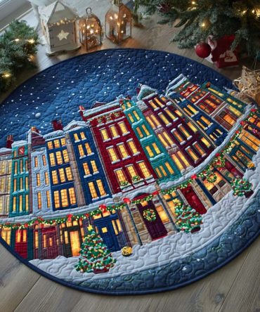 Snowy Village Night Quilted Round Mat