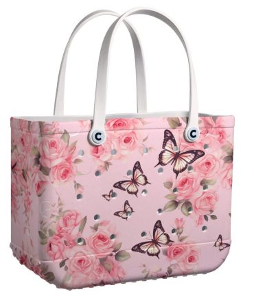 Stylish Pink Floral Tote Bag With Butterflies – Perfect For Spring & Summer Outings