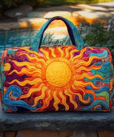 Solar Wave Quilted Duffle Bag — Retro Sun & Wave Travel Weekender, Quilted Carry-On Gym Bag for Beach, Weekend & Overnight Trips