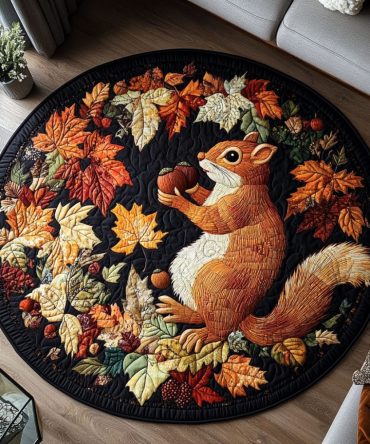 Squirrel In The Harvest Leaves Quilted Round Mat