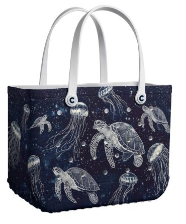 Stylish Ocean-Themed Tote Bag With Sea Turtles & Jellyfish Design - Perfect For Beach & Everyday Use