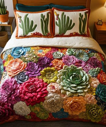 Succulent Symphony 3-Piece Quilted Bedding Set
