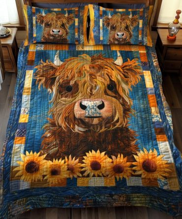 Sunny Highland Cow 3-Piece Quilted Bedding Set