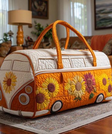 Sunny Van Quilted Duffle Bag — Retro Camper Weekender Travel Bag, Quilted Overnight Carry-On for Beach, Gym & Van Life