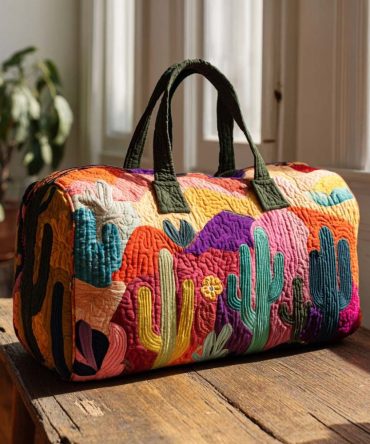Sunset Cactus Quilted Duffle Bag — Boho Southwestern Weekender Travel Duffel, Retro Sunset Gym & Overnight Carry-On