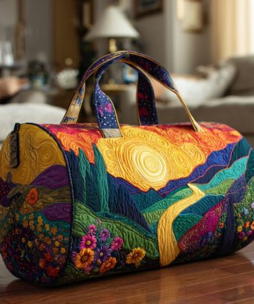 Sunset Glow Quilted Duffle Bag — Quilted Weekender Travel Duffle with Ombre Sunset Print for Beach, Gym & Overnight Trips