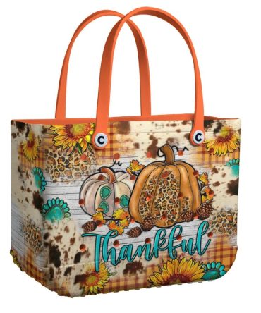 Thankful Pumpkin & Sunflower Tote Bag - Fall Themed Reusable Shopping Bag For Autumn