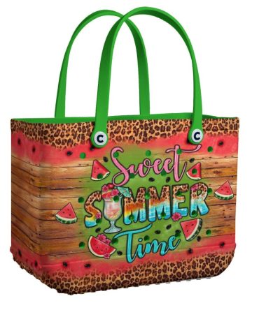 Vibrant 'Sweet Summer Time' Beach Tote Bag - Colorful Watermelon & Leopard Print Design