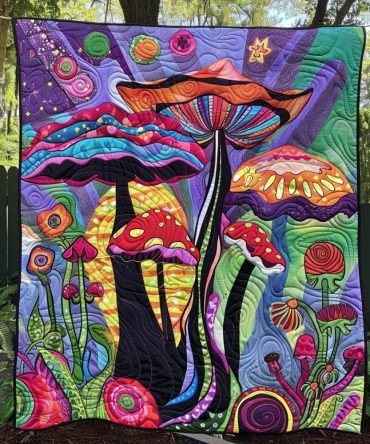 Trippy Mushrooms Quilted Blanket