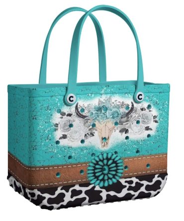 Stylish Turquoise Western Tote Bag With Floral & Bull Skull Design – Perfect For Every Occasion