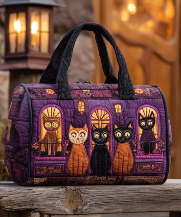Twilight Cat Quilted Duffle Bag — Quilted Cat Weekender & Travel Gym Bag, Overnight Carry-On for Women & Cat Lovers