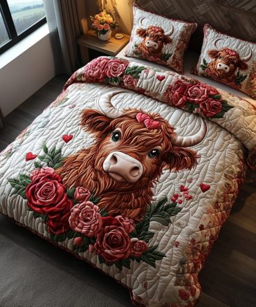 Valentine Highland Cow 3-Piece Quilted Bedding Set