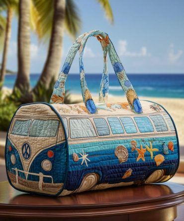 Vibe Van Quilted Duffle Bag — Retro Camper Van Weekender Travel Bag, Quilted Overnight Carry-On for Beach, Gym & Festival