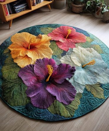 Vibrant Hibiscus Quilted Round Mat
