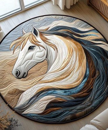 Vibrant White Horse Quilted Round Mat