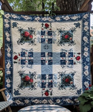 Vintage Roses Patchwork Quilted Blanket