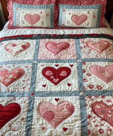 Vintage Heart Charm 3-Piece Quilted Bedding Set