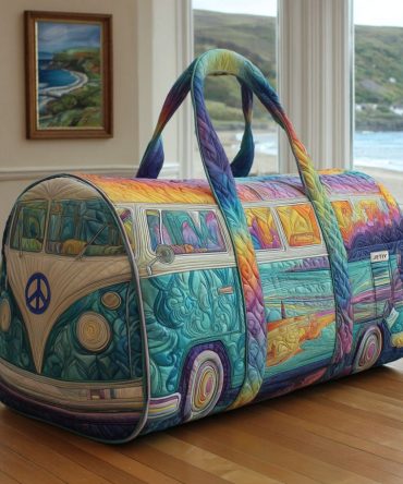 Wanderlust Wheels Quilted Duffle Bag – Retro Camper Van Travel Weekender Carry-On Quilted Overnight & Gym Bag for Adventurers