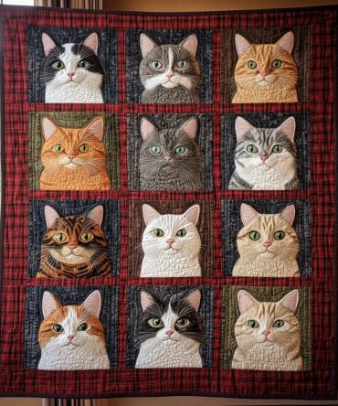 Whimsical Cat Portraits Quilted Blanket