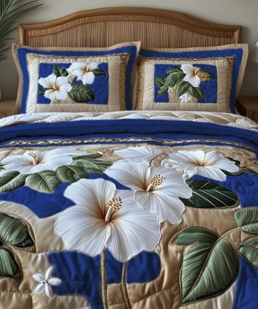 White Hibiscus V2 3-Piece Quilted Bedding Set