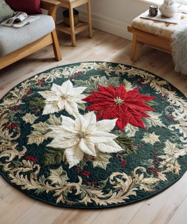 White Poinsettia Wreath Quilted Round Mat