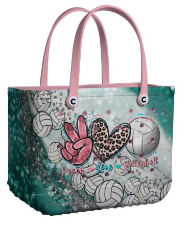 Stylish Volleyball Tote Bag - Peace Love Design With Pink Handles - Perfect For Sports Lovers