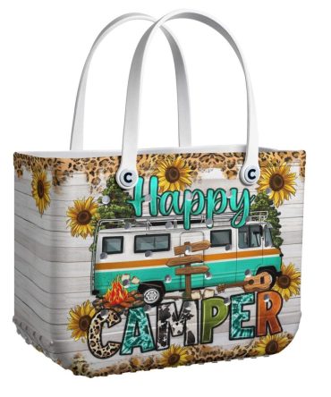 Happy Camper Tote Bag – Vibrant Sunflower & Rv Design For Outdoor Enthusiasts