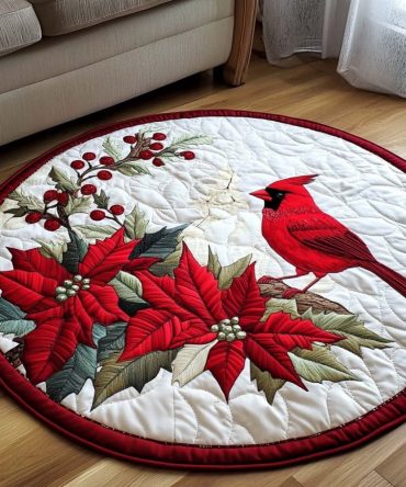 Winter Cardinal Watch Quilted Round Mat