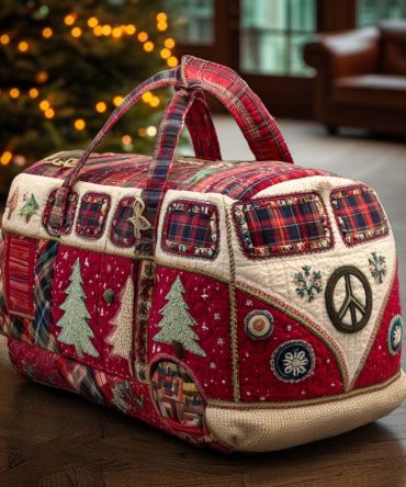 Winter Peace Van Quilted Duffle Bag — Retro Camper Van Travel Weekender, Quilted Carry-On for Van Life & Holiday Trips