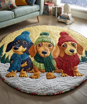 Winter Trio Dachshunds Quilted Round Mat