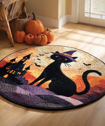 Witch Hat Black Cat Halloween Quilted Round Mat