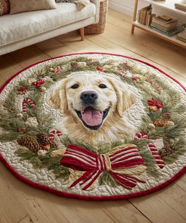 Wreath Golden Retriever Quilted Round Mat