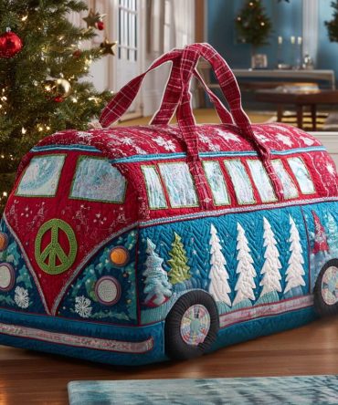 Xmas Hippie Drive Quilted Duffle Bag - Retro Campervan Holiday Weekender & Travel Duffle, Boho Quilted Carry-On