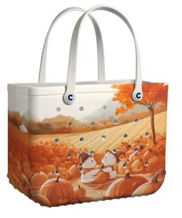 Eco-Friendly Autumn Tote Bag With Cute Bear & Pumpkin Design – Perfect For Fall Outings