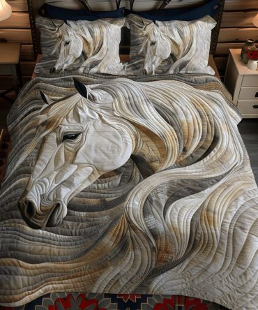 Vibrant White Horse 3-Piece Quilted Bedding Set