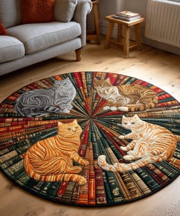 Cat And The Open Tome Quilted Round Mat