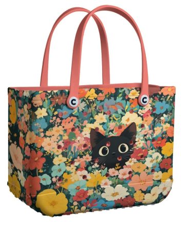 Chic Floral Tote Bag With Cute Cat Design - Perfect For Everyday Use