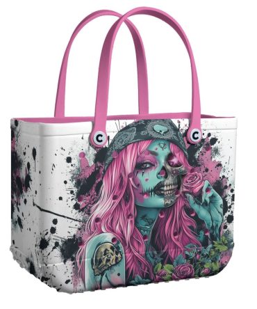 Gothic Art Tote Bag – Vibrant Day Of The Dead Design With Pink Accents – Perfect For Unique Fashion Statements