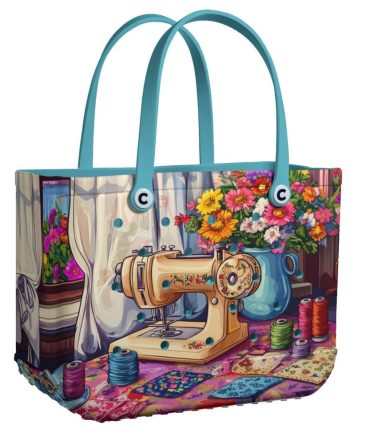 Vintage Sewing Machine Tote Bag – Colorful Floral Design, Perfect For Craft Lovers