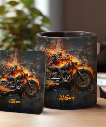 Skeleton Riding Flaming Motorcycle - Personalized Biker Accent Mug
