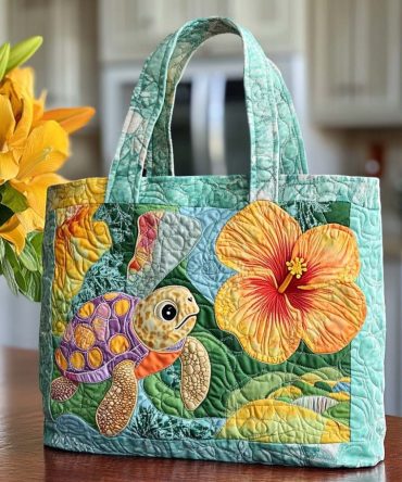 Aqua Turtle Tales Quilted Tote Bag