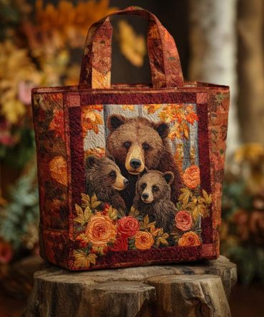 Autumn Bloom Bear Quilted Tote Bag