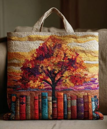 Autumn Book Tree Quilted Tote Bag