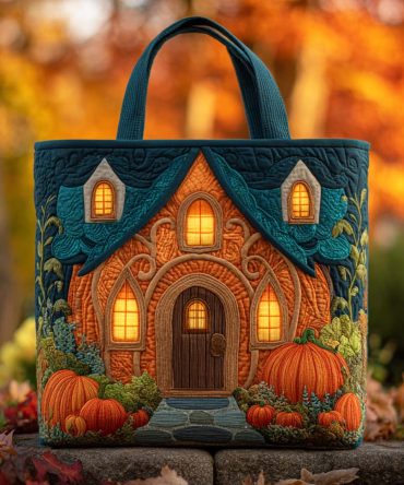 Autumn Pumpkin Cottage Quilted Tote Bag