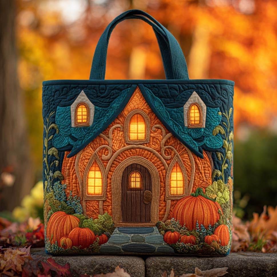 Autumn Pumpkin Cottage Quilted Tote Bag