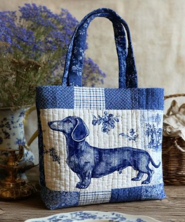 Blue Dachshund Smile Quilted Tote Bag