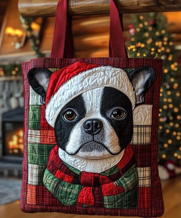 Boston Terrier Claus Quilted Tote Bag